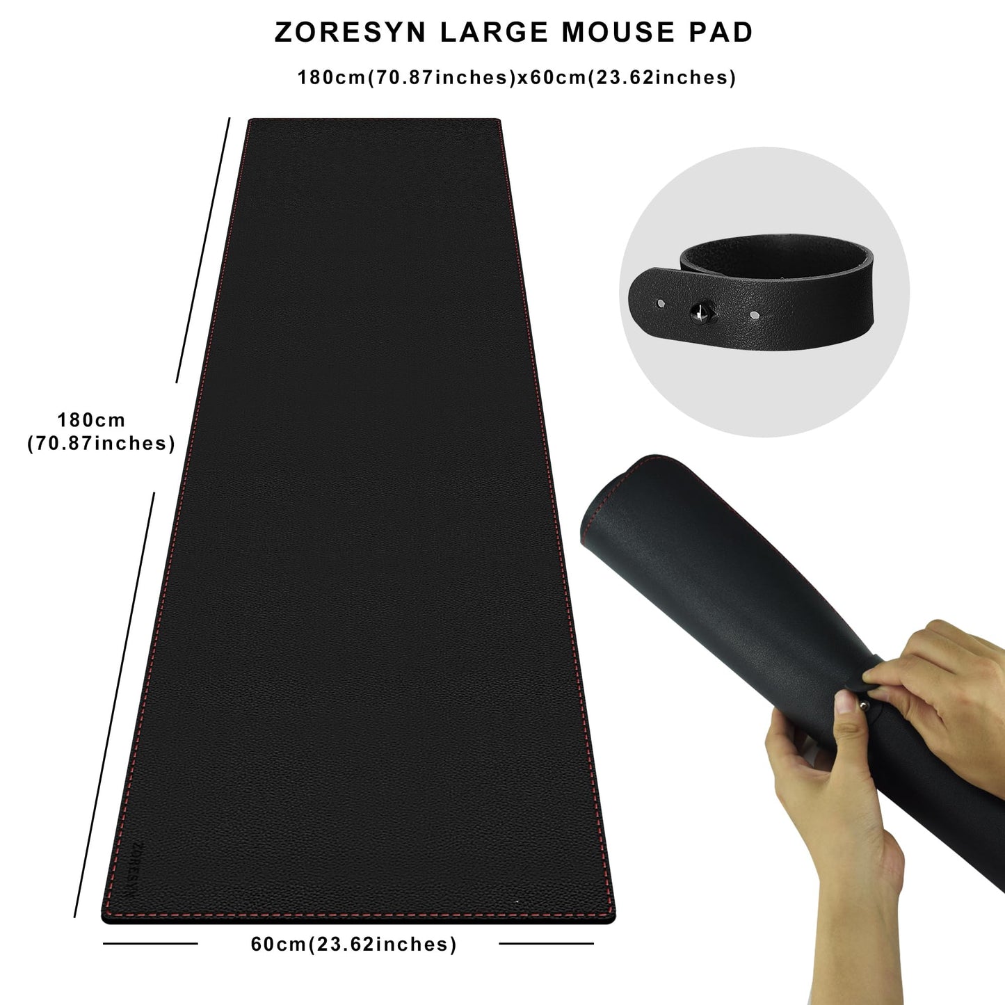 ZORESYN PU Leather Desk Mat Waterproof Anti-Oil Dining Table mat - 70.9" x 23.6" - Large Mouse Pad with Suede Base,Stitched Edges Office Desk Pad for Office & Home | Black