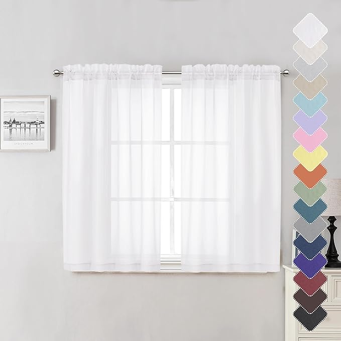 Lecloud Sheer White Curtains 45 Inch Length 2 Panels, Airy Voile Short Curtains for Small Windows, Light-Filtering Curtain for Bedroom Bathroom Kitchen, Each Panel 42 X 45 Inch