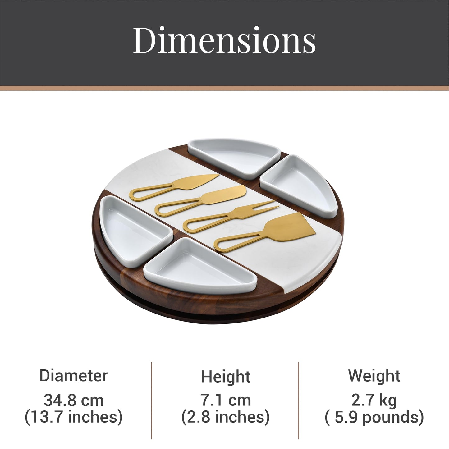 Shanik Upgraded Lazy Susan Cheese Cutting Board Set - Round Acacia Charcuterie Board with 4 Ceramic Bowls - Wedding Gifts - Cheese Serving Platter - Bridal Shower