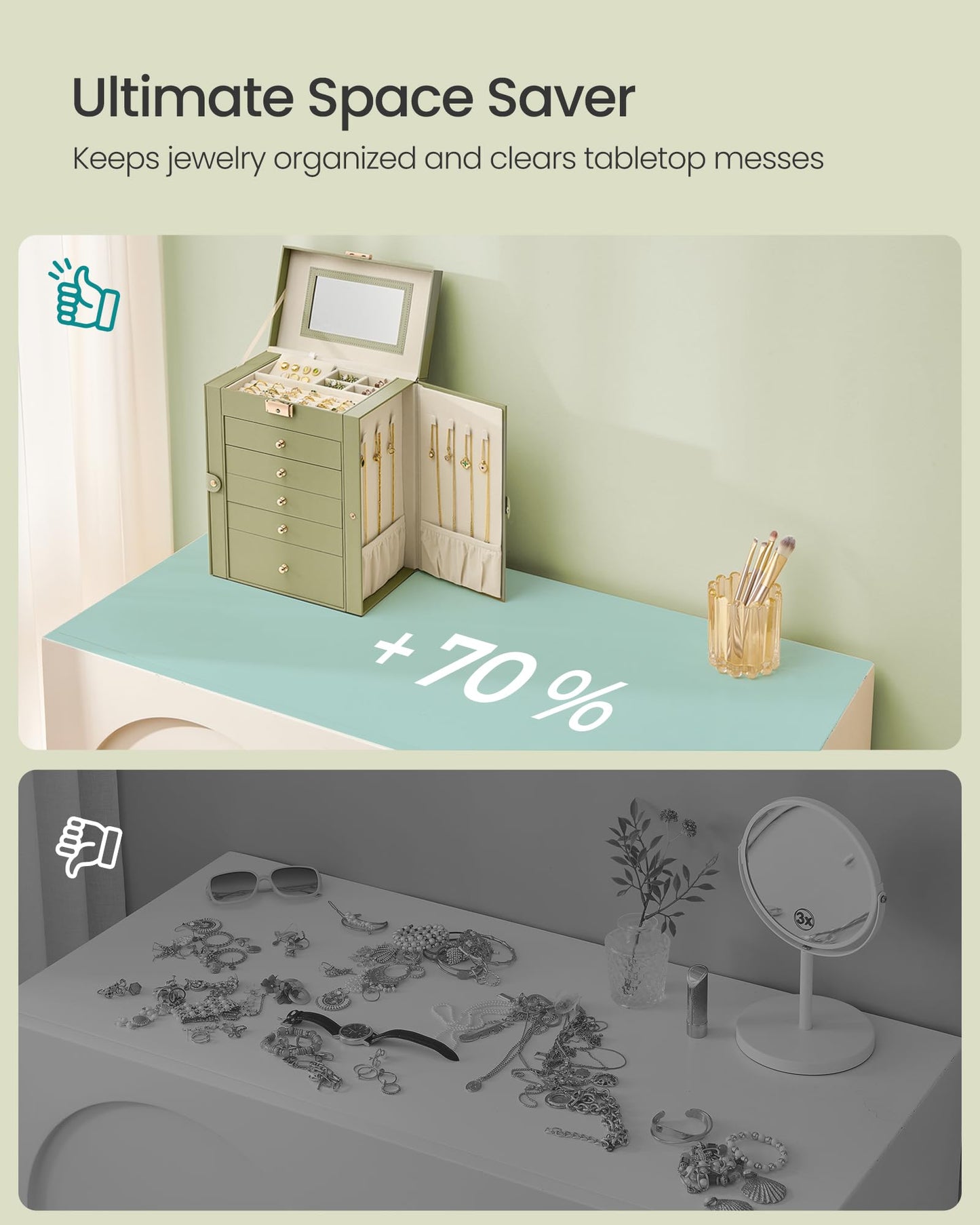 SONGMICS 6-Layer Jewelry Box Organizer with 5 Drawers, Jewelry Storage Case with Lock and Mirror, Large Storage Capacity, Gift for Loved Ones, for Necklaces, Watches, Sage Green UJBC152CE01S