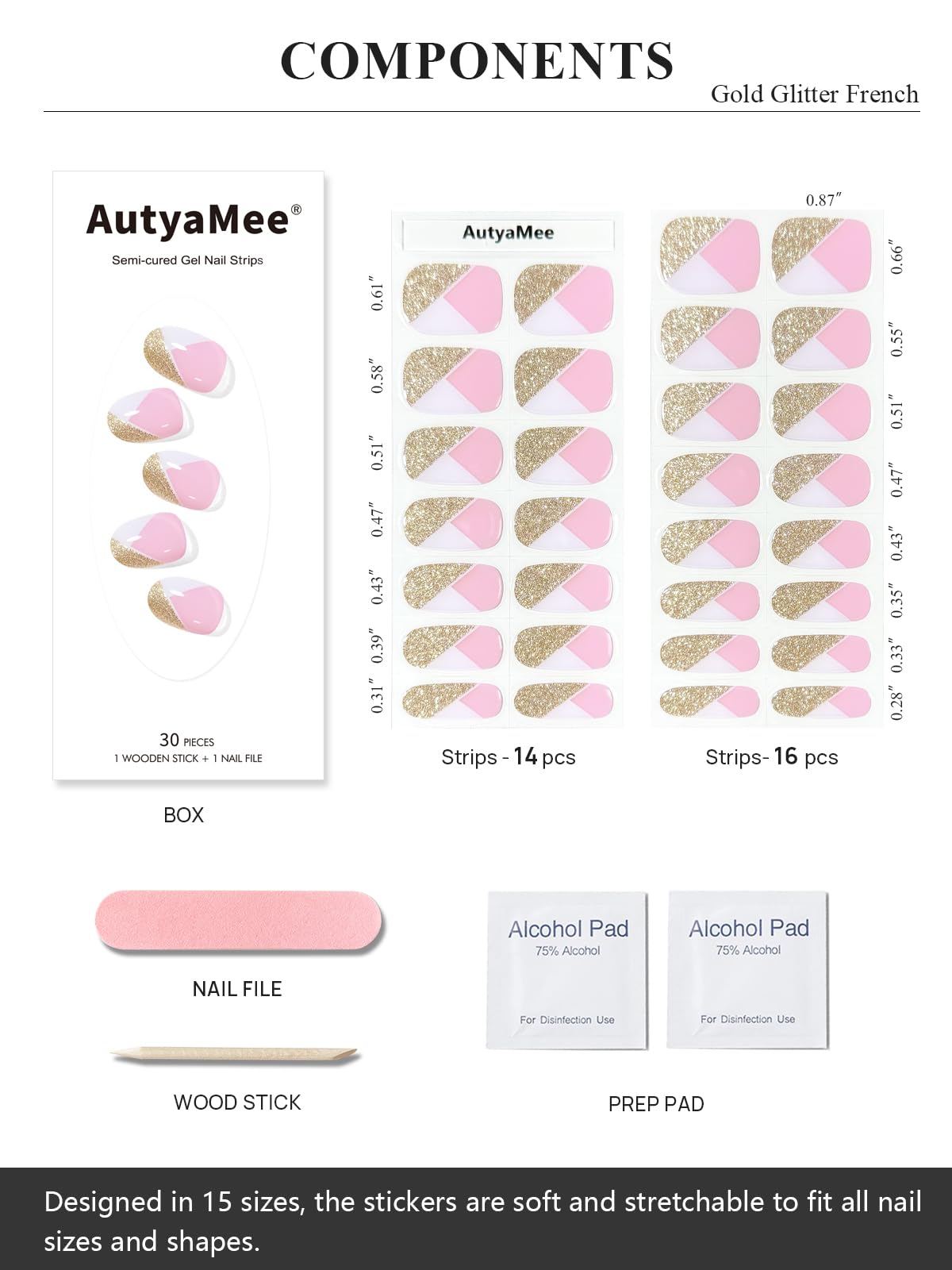 AutyaMee Semi Cured Gel Nail Strips (Gold Glitter French), White, 30 Pcs Gel Nail Wraps, Stickers, UV Light Required