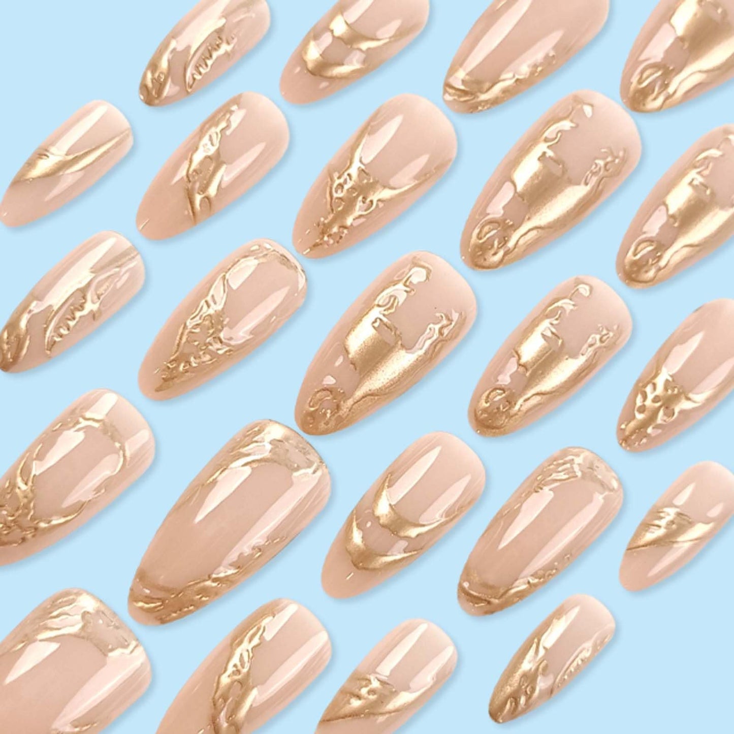 Hkanlre 3D Fake Nails Medium Tips Full Cover Almond Marble False Nude Nails Gold Press on Nails for Women 24PCS