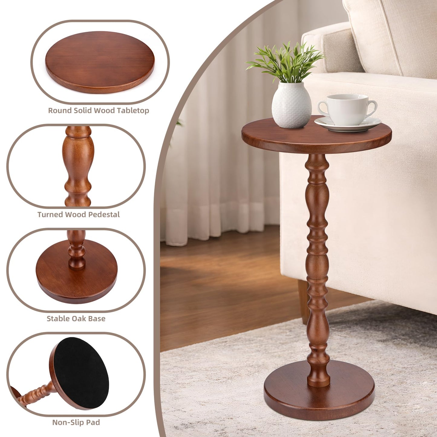 Junistra Solid Wood Round Side Table, Rustic Pedestal Drink Table for Small Spaces, Accent Nightstand Table for Living Room, Bedroom, Corners, and Office, Brown