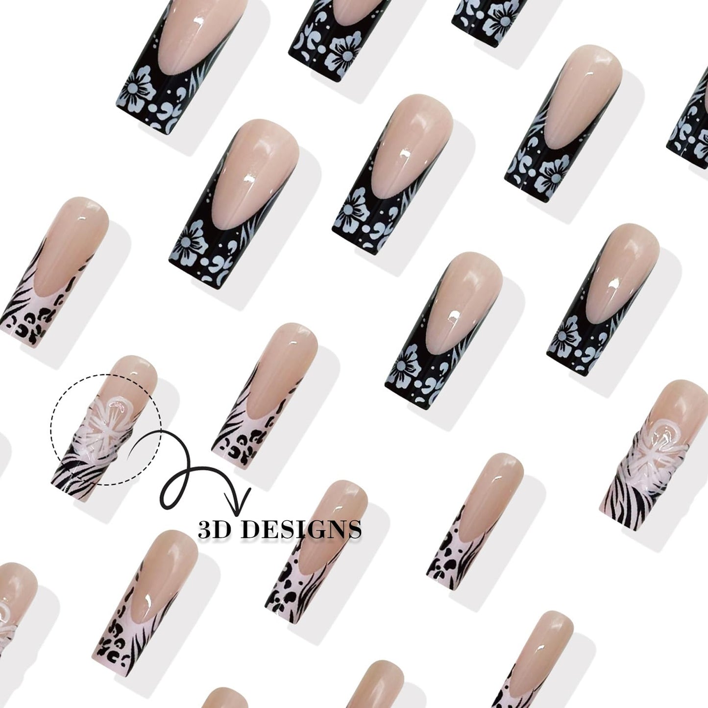 IMRAIN Press on Nails Long Square Fake Nails Black White Zebra Stripes French Tips False Nails with 3D Flower Designs Full Cover Glossy Artificial Glue on Nails for Women 24Pcs