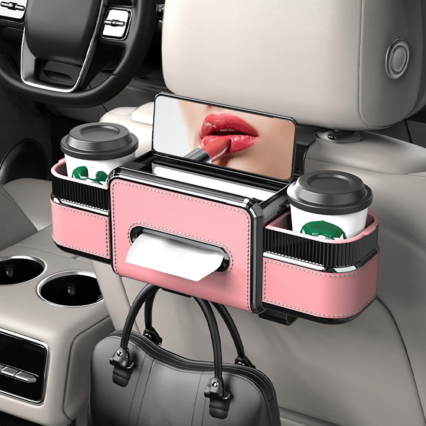Multifunctional Car Seat Back Organizer Box with Drink Cup Holder, Makeup Mirror, Tissue Box& Hooks for Car Seat Back, New Upgrade Car Headrest Backseat Organizer Suitability for Wife, Girlfriend