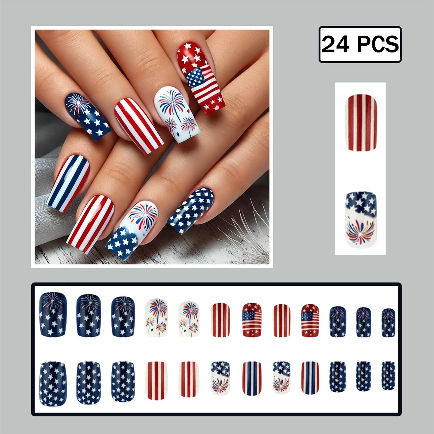 4th of July Press on Nails Medium Square Fake Nails Independence Day French Tips Firework Design False Nails Full Cover Glossy American Flag for Women Patriotic Nails Decoration 24Pcs
