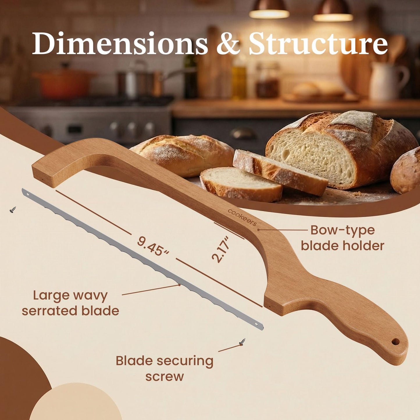 COOKEERS Sourdough Bow Bread Knife –Large Bread Slicer for Homemade Bread with Serrated Stainless Steel Blade, Even Slice Cutter for Baguettes, Bagels, Thoughtful bread lame,Gift for Bread Lovers