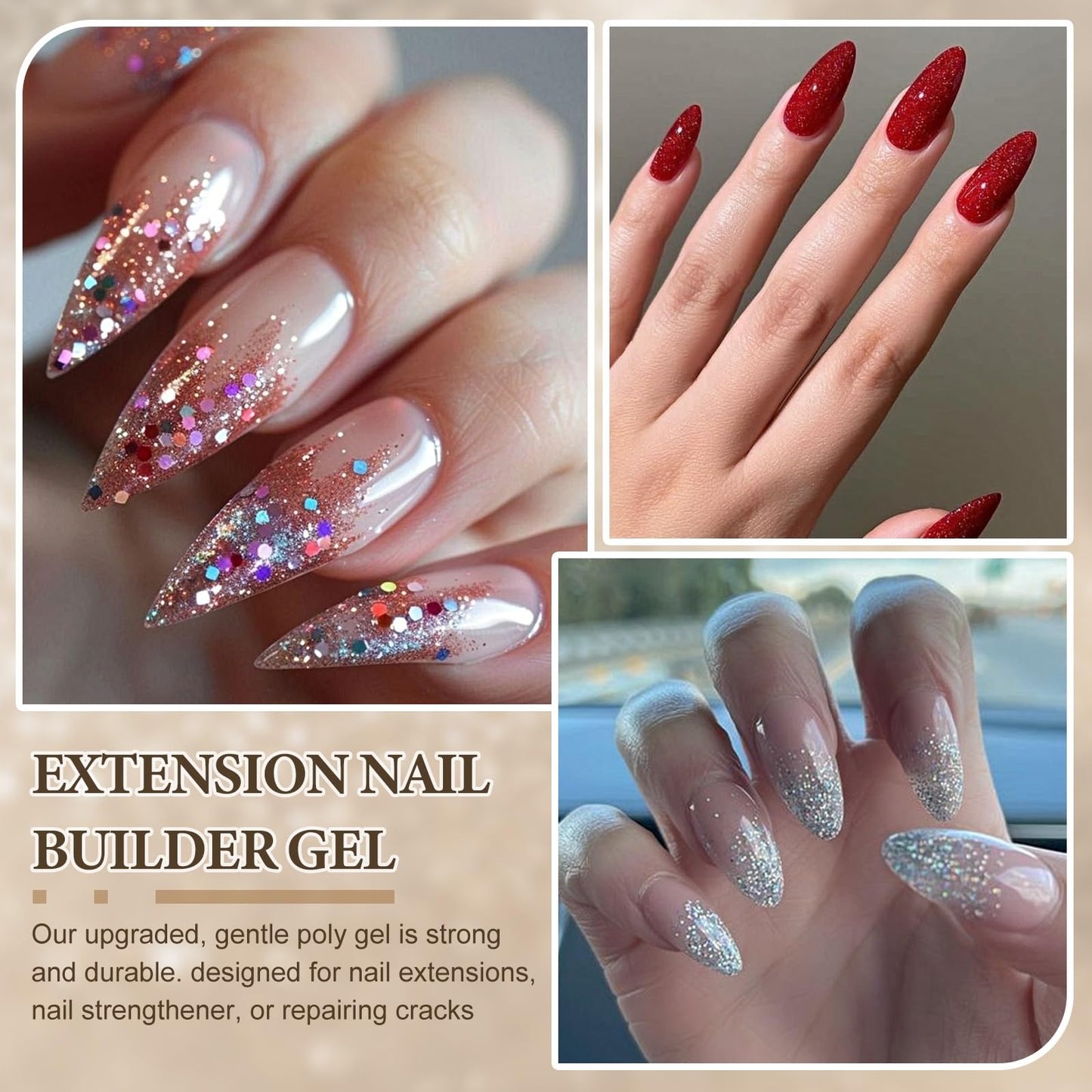 SUTOKAKA Poly Gel Nail Starter Kit Festive 4 Colors Glitter Sequins Polygel Extension Set with Slip Solution Dual Nail Forms Manicure Tools for Women Christmas New Year DIY Design