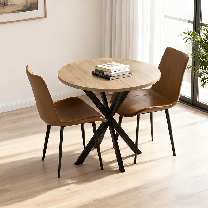 31.5" Round Dining Table and Chairs Set for 2, Small Dining Table Chairs Set Space-Saving, Round Table Set with Upholstered Chairs for Kitchen Dining Room Apartment(Natural + Brown)