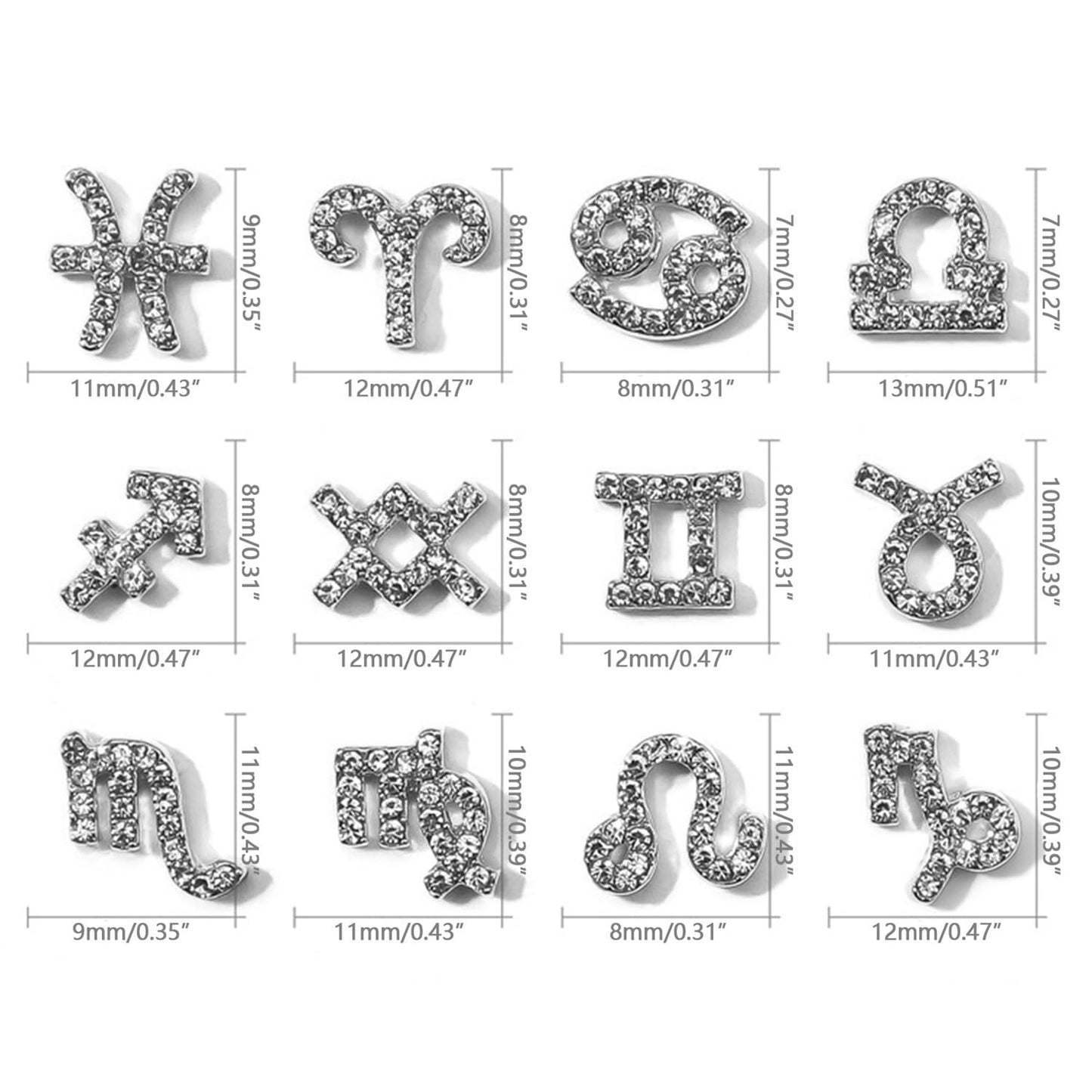 JERCLITY 48 Pieces Alloy Silver Nail Charms, 12pcs Zodiac Nail Charms, 26pcs Letter Nail Charms, 10pcs Number Nail Charms, Silver Charms for Women Girls Nail Art