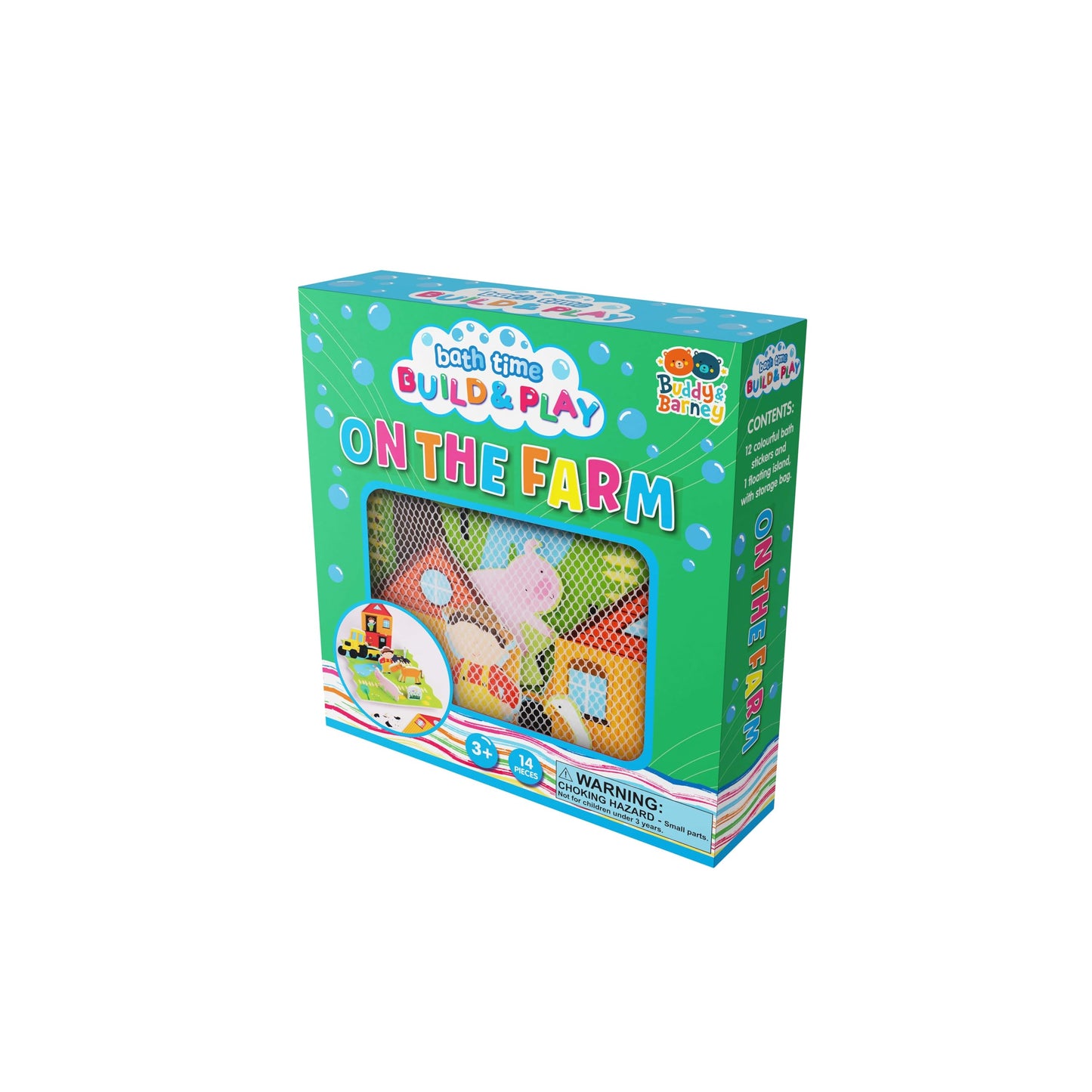 Buddy & Barney: Bath Time: Build & Play - On The Farm - Floating 3D Foam Stickers, Interactive Animal Scene, Suction Cup Mesh Bag, Water Toy, Kids 3+