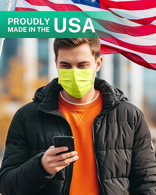 Disposable Face Masks Made in USA, 4 Ply for Families, Students, Breathable All-Day Wear & Safety, FSA HSA Eligible, ASTM Level 3 Medical Grade, 50 Pack, Green