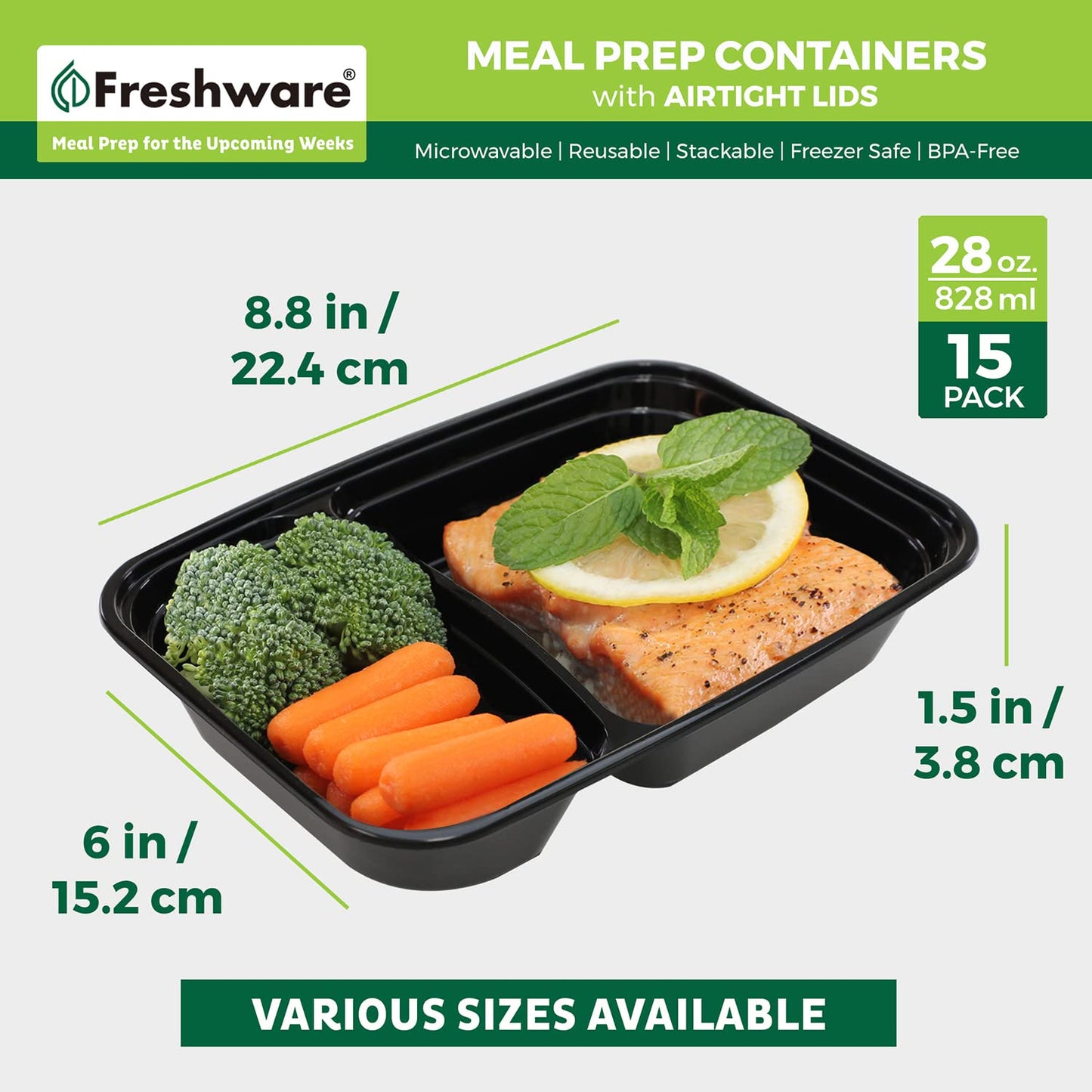 Freshware Meal Prep Containers [15 Pack] 2 Compartment with Lids, Food Storage Containers, Bento Box, BPA Free, Stackable, Microwave/Dishwasher/Freezer Safe (28 oz)