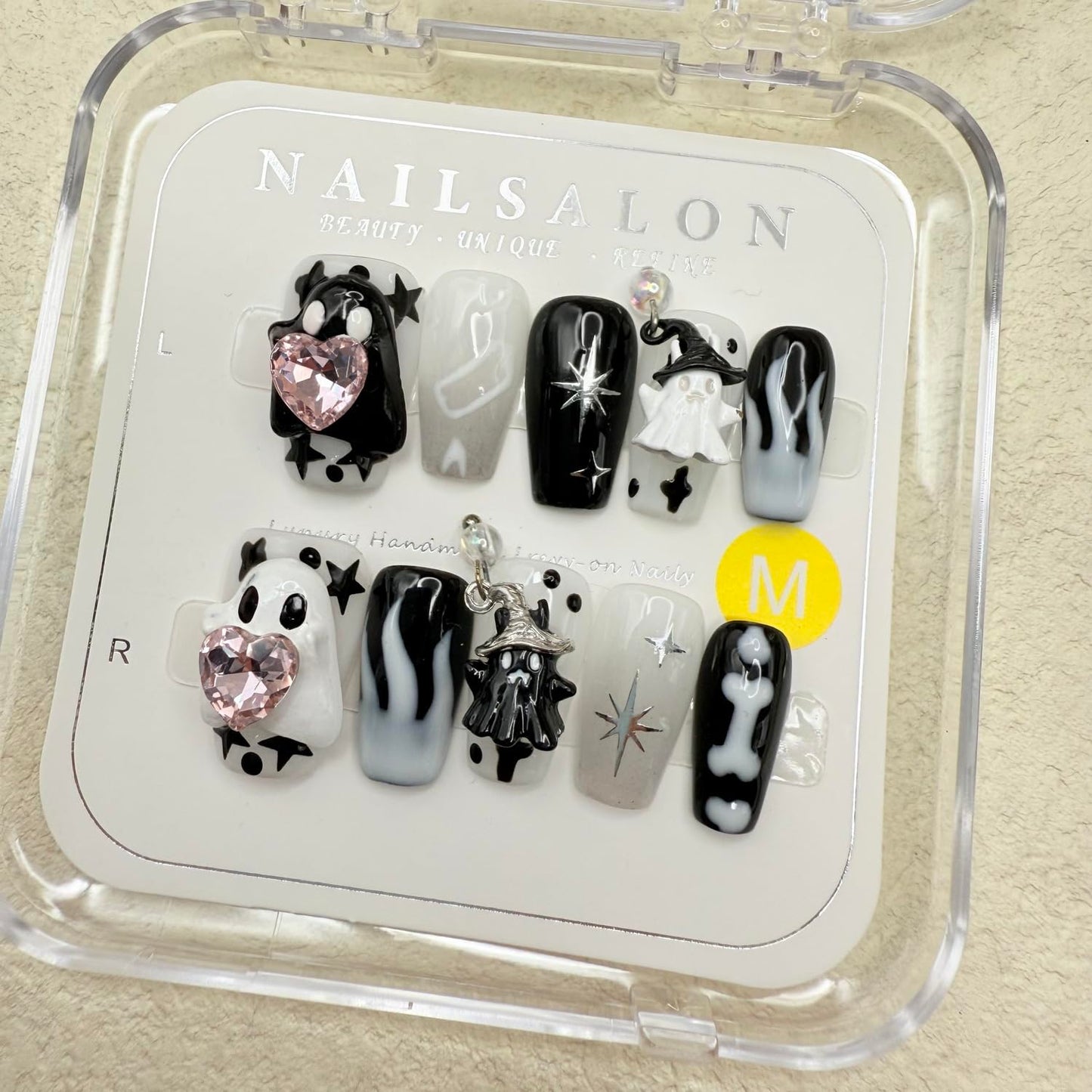 Halloween Press on Nails Bone Designs Love Heart and Little Ghost Acrylic Nail Handmade Press on Nails Medium Coffin Fake Nail Full Cover Black White False Nails for Women Manicure (Size M)