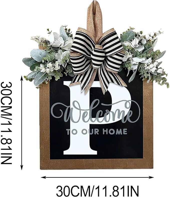 Last Name All Year Round Front Door Wreath with 26 Initial Letter Welcome Sign All Seasons Eucalyptus Garland and Bow ，Farmhouse, Porch, for Spring Summer Fall All Seasons Holiday Halloween Christmas.（P）