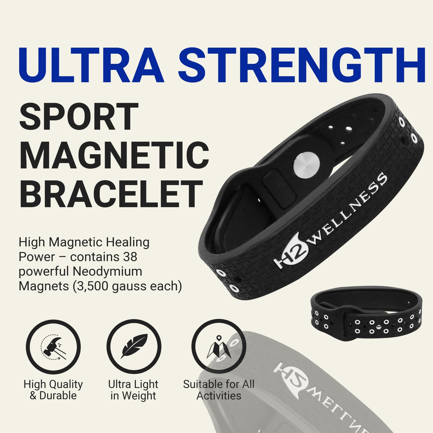 H2WELLNESS Magnetic Therapy Bracelet Super Ultra Strength Waterproof Breathable Comfortable Adjustable Infused with Titanium and Copper Sport Band (Small-Black)