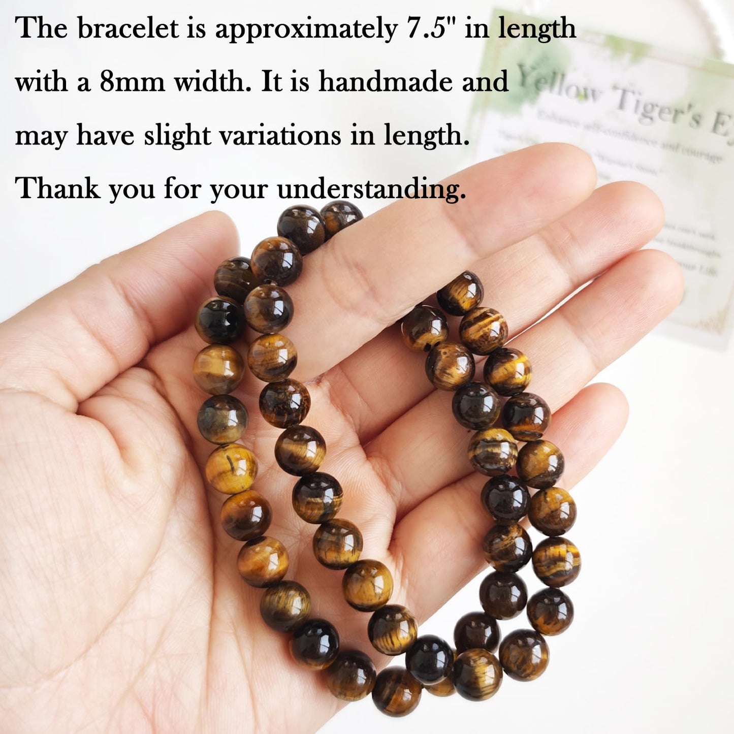 Handmade Natural Gemstone Elastic Bracelet - Healing Crystal Beads Jewelry, Unisex (Yellow Tiger's Eye, 8mm)