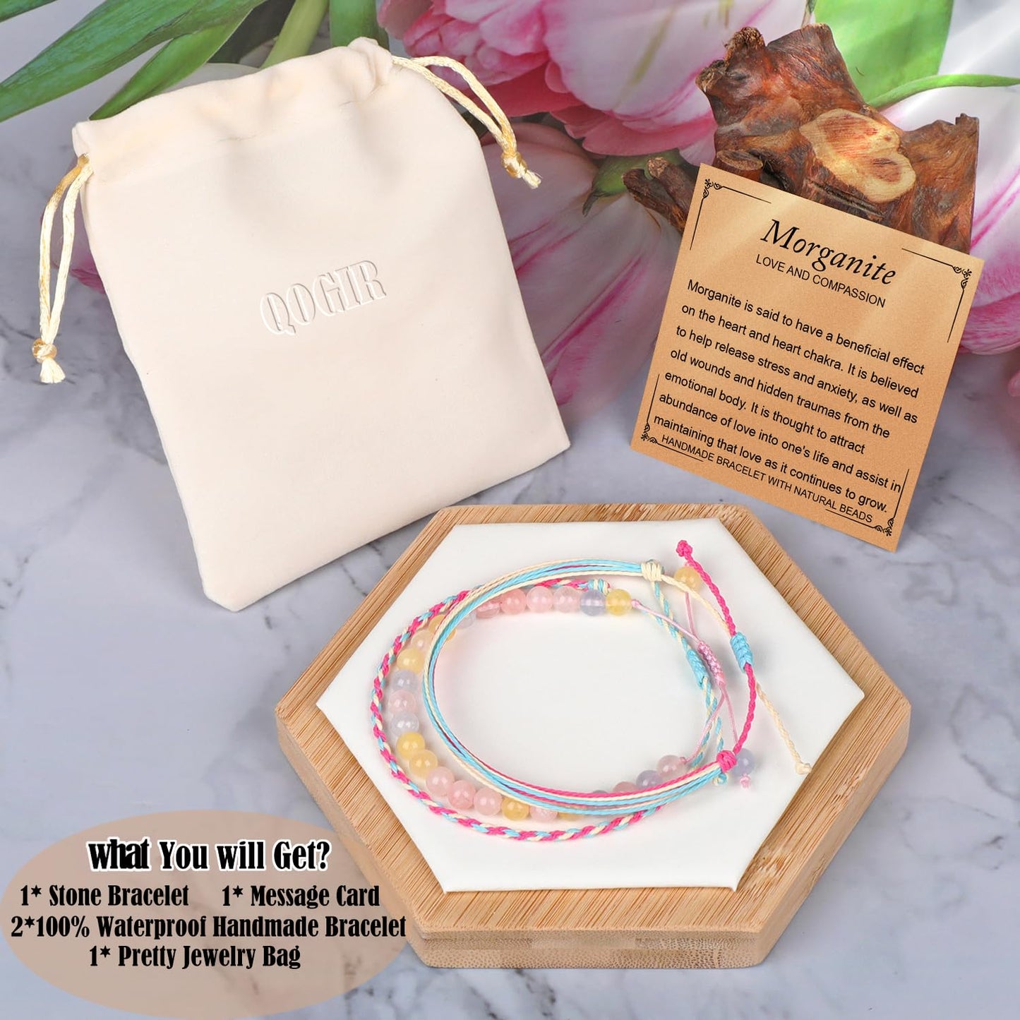 QOGIR Handmade Healing Bracelets,6mm Natural Morganite Gem Stone Beads Bracelet for Men Women Gifts with 2PCS Size Adjustable Rope Bracelets