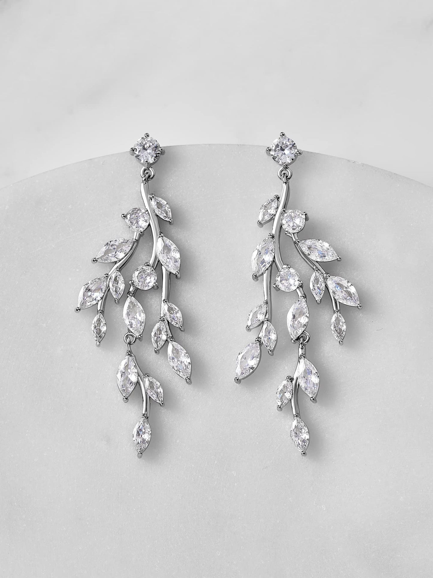 SWEETV Leaf Bridal Drop Earrings - Silver Cubic Zirconia Dangling Earrings for Brides, Bridesmaids, Prom, Formal Party, Style2