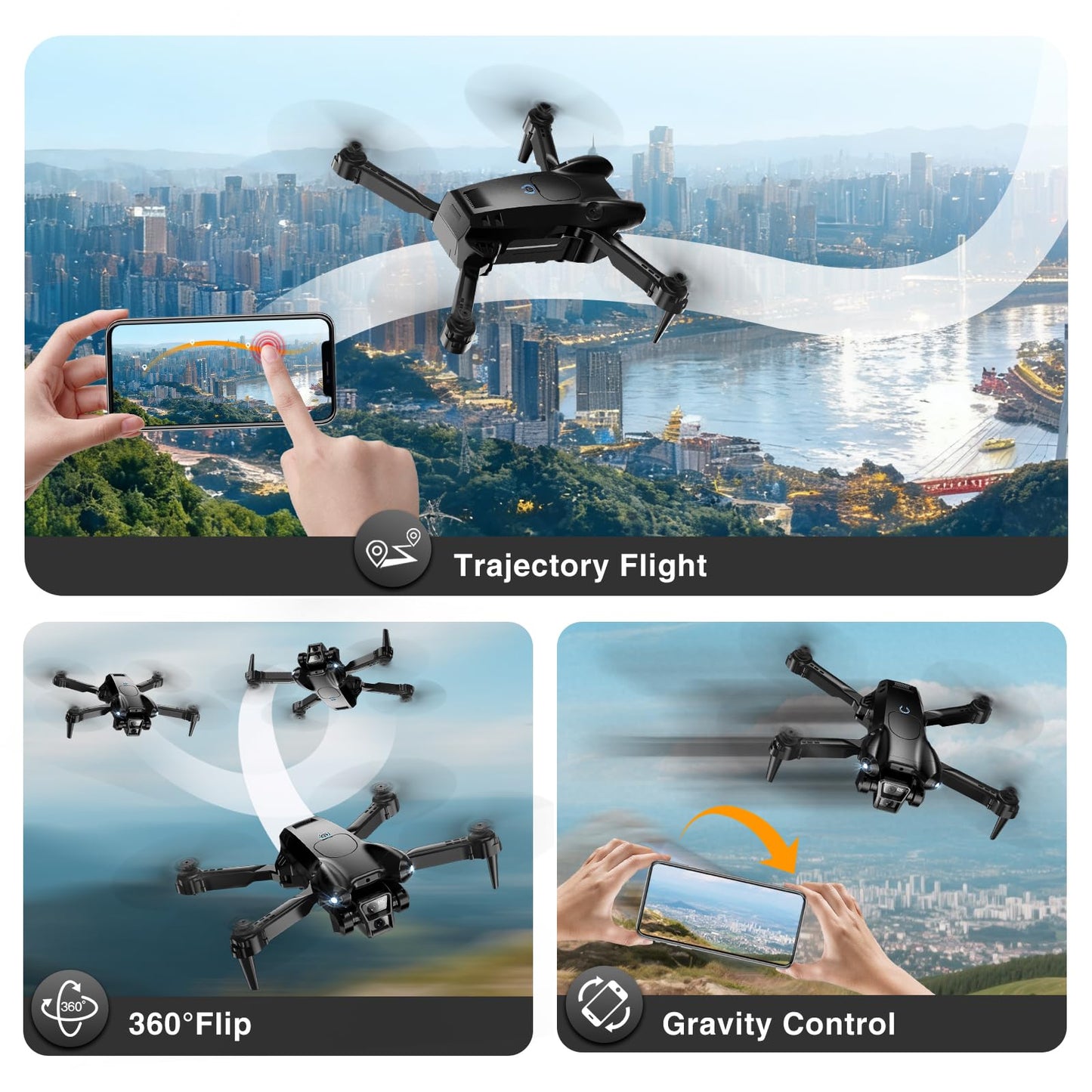 ASFSFQ Drone with Camera 1080P HD,Mini Drone for Beginners Kids Adults,Foldable RC Quadcopter with Stable Hover,Trajectory Flight,One Key Take Off/Land,2 Batteries,Toys for Boys and Girls（Black)