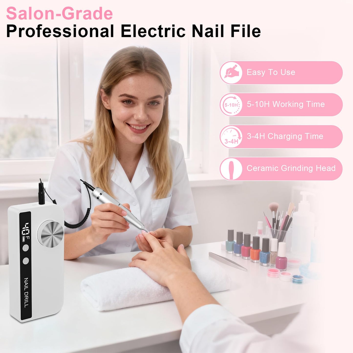 Professional Electric Nail Drill 40000RPM for Salon Home Use, Rechargeable Nail File Machine Kit with 12PCS Bits for Acrylic Gel Nails, Portable Efile Manicure Pedicure Tool (White)