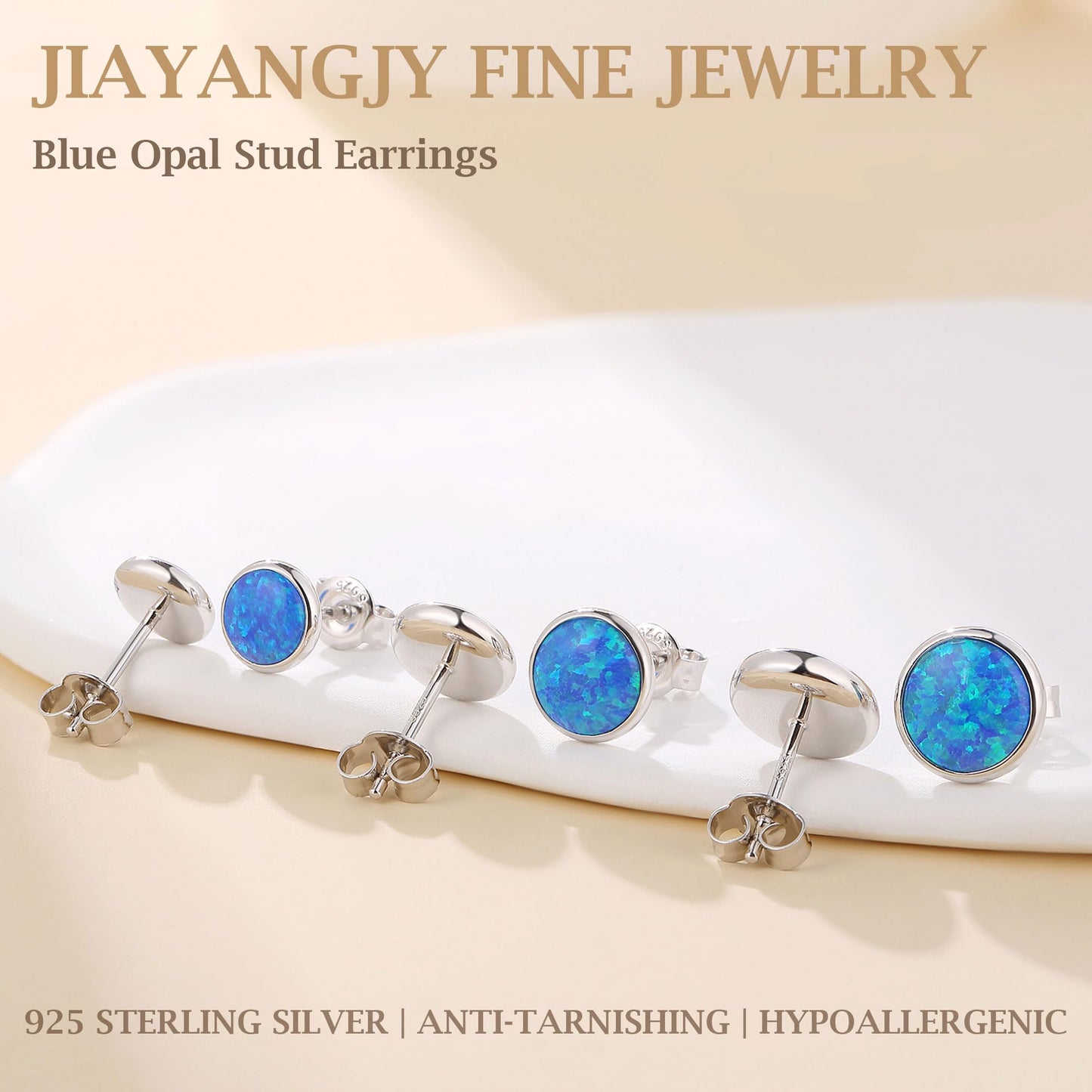 JiayangJY Silver Blue Fire Opal Stud Earrings for Women 18K White Gold Plated Sterling Silver Round Shape 8mm Opal Earrings with Push Back