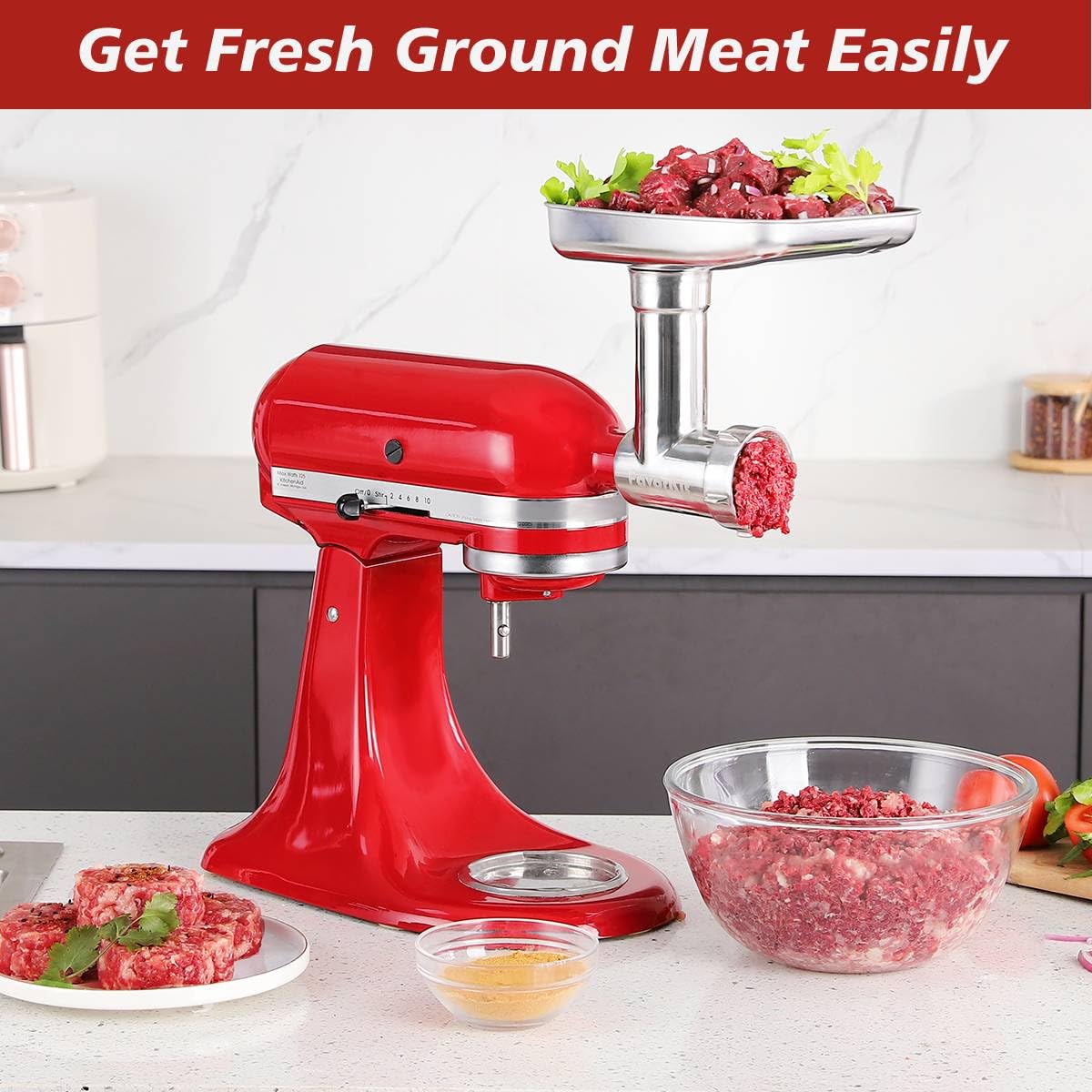Durable Meat Grinder & Slicer Shredder Attachments Set for Kitchenaid Mixers,Dishwasher Safe Stainless Steel Packs with Cheese Grater & Sausage Stuffer Accessories