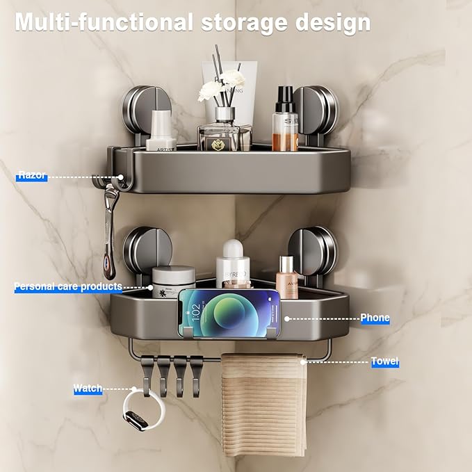 Suction Cup Shower Caddy Corner, 1 Pack Suction Corner Shower Shelves No Drilling, Rustproof Shower Organizer Suction Cup with Towel Holder & Hooks Removable Bathroom Storage Rack(Gray)