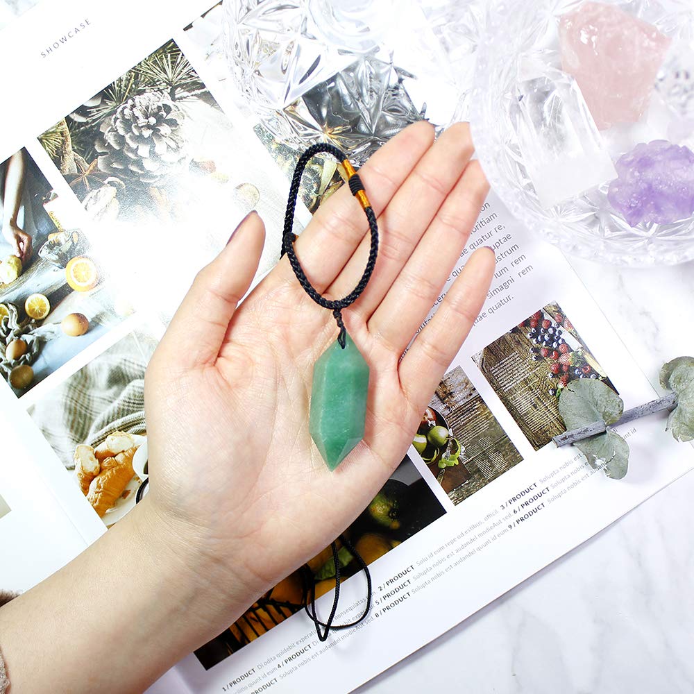 Runyangshi Green Aventurine Healing Crystal Pendants, Double Pointed Natural Crystal Quartz Necklace 6 Faceted Chakra Crystal Wand Stone