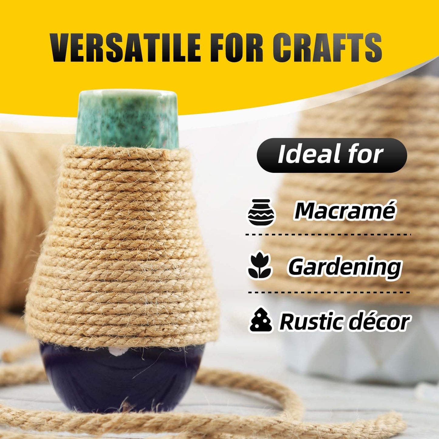 Radix Rope Natural Jute Twine, 8MM x 100FT Jute Rope Roll, Heavy Duty Thick Twine for Cat Scratching Post, Bundling, Gardening and DIY Crafts