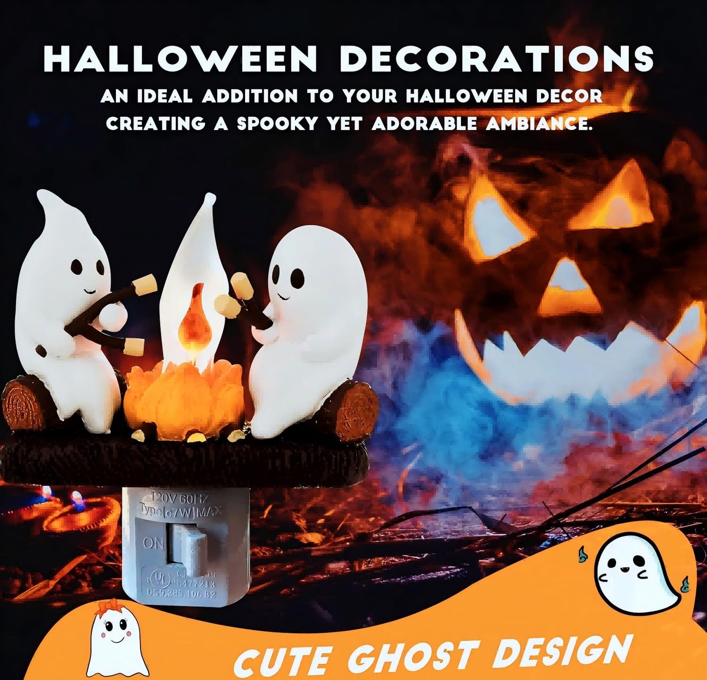 nlaa Ghost Campfire Nightlight,Halloween Campfire Flickering Night Light,3D Spooky Fire Marshmallow Night Light for Halloween Decor (Cute Ghost)