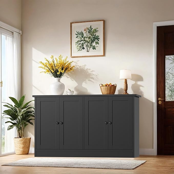 Black Buffet Storage Cabinet with 4 Door, 49" W Coffee Bar Cabinet, Kitchen Buffet Sideboard for Living Room, Kitchen