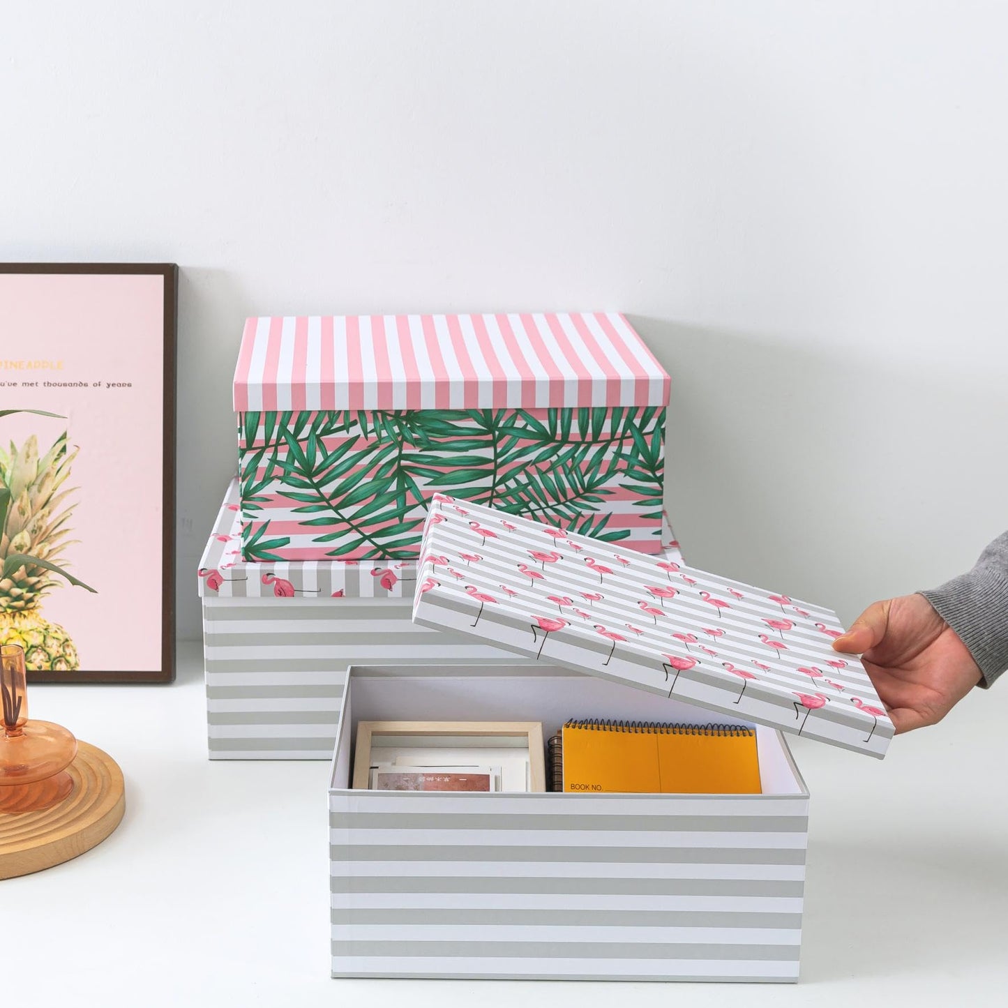SLPR Decorative Cardboard Storage Boxes With Lids For Home Décor, Set of 3 Pink Flamingo Paperboard Nesting Gift Boxes, Palm Leaves Large Picture and Photo Storage for Keepsakes