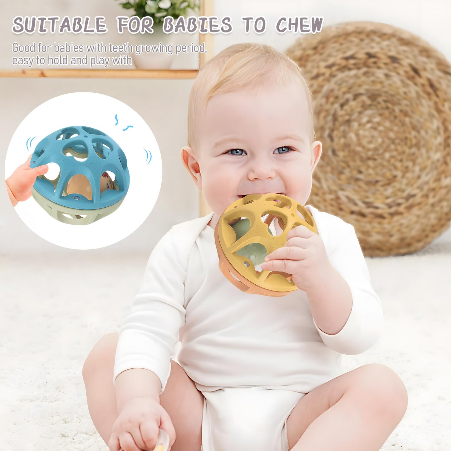 Baby Sensory Toy Bundle - 6-Piece Infant Textured Squeeze Balls (Multi-Massage) + Rattle Teething Balls, Montessori Soft Chew Rattles, Safe Wheat Straw Travel Toys, Developmental Newborn 6-12 Months