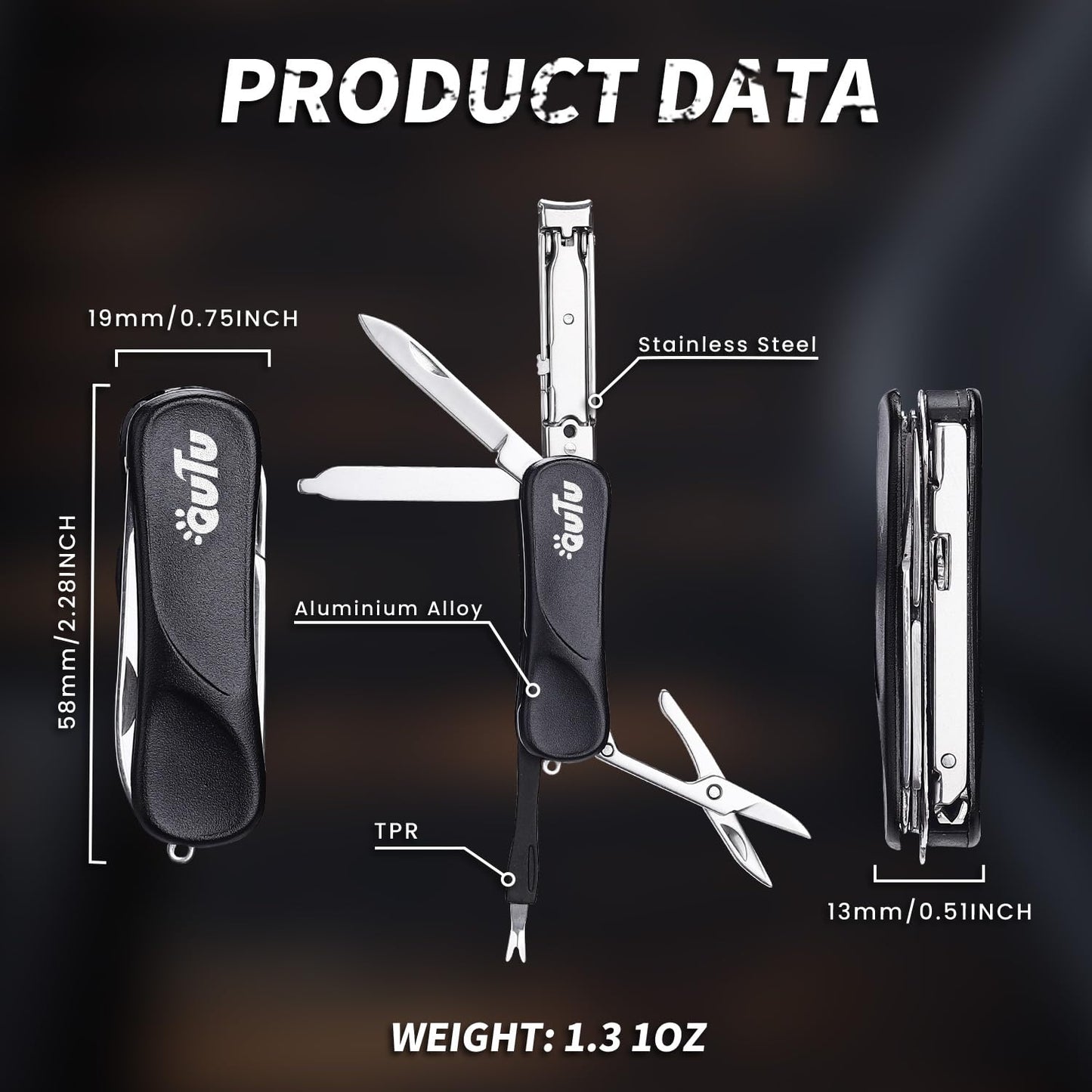 OUTU Keychain Nail Clippers Multitool, 7 in 1 EDC Utility Tool with Nail Clipper, Scissors, Gifts for Him Men Husband Dad Boyfriend (Black)