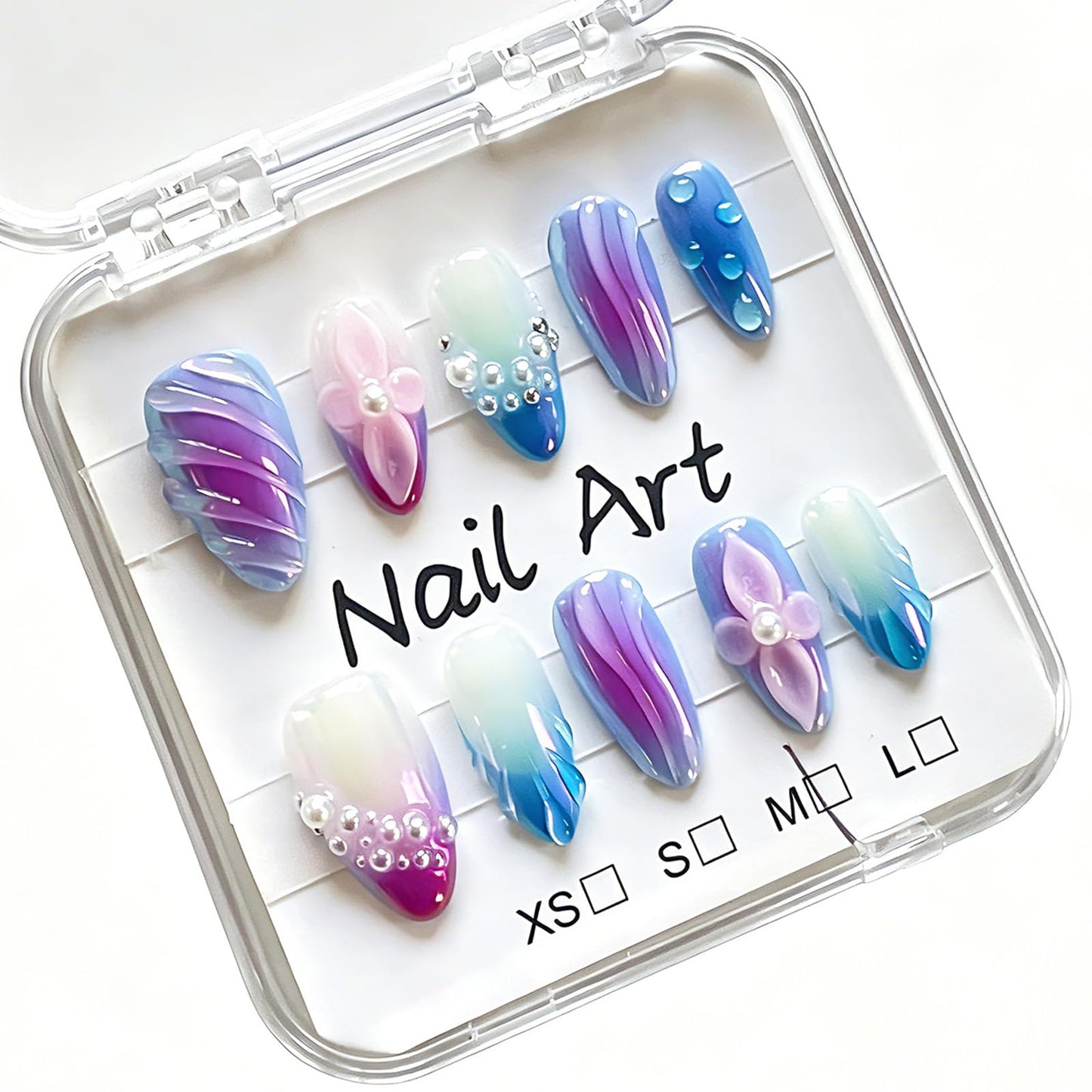 Almond Shape Handmade Press on Nails, Mermaid Tail Wave Texture 3D Floral Pearl Decor Aurora Gradient Luxury Party Style Reusable for Women 10 Pcs(Size M)