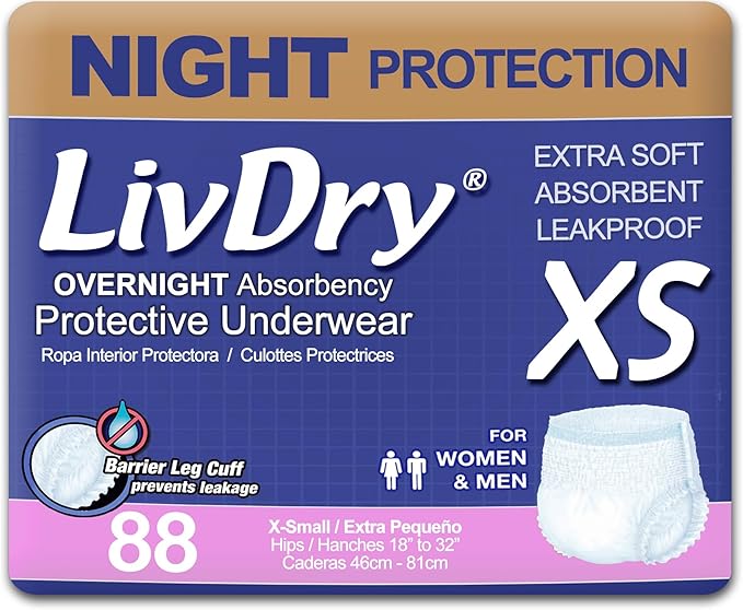 LivDry Adult XS Incontinence Underwear, Overnight Comfort Absorbency, Leak Protection, X-Small, 88-Pack