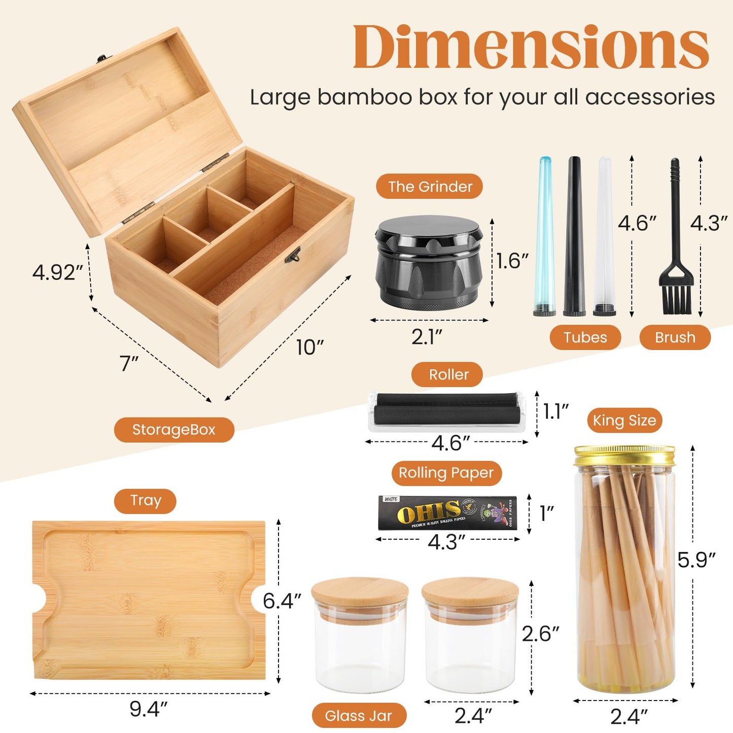 Coozyupper Large Bamboo Storage Box with Removable Tray Kit - Decorative Box Set, Glass Jars, and Accessories Wooden Storage Kit and Accessories Tool.Birthday Gifts