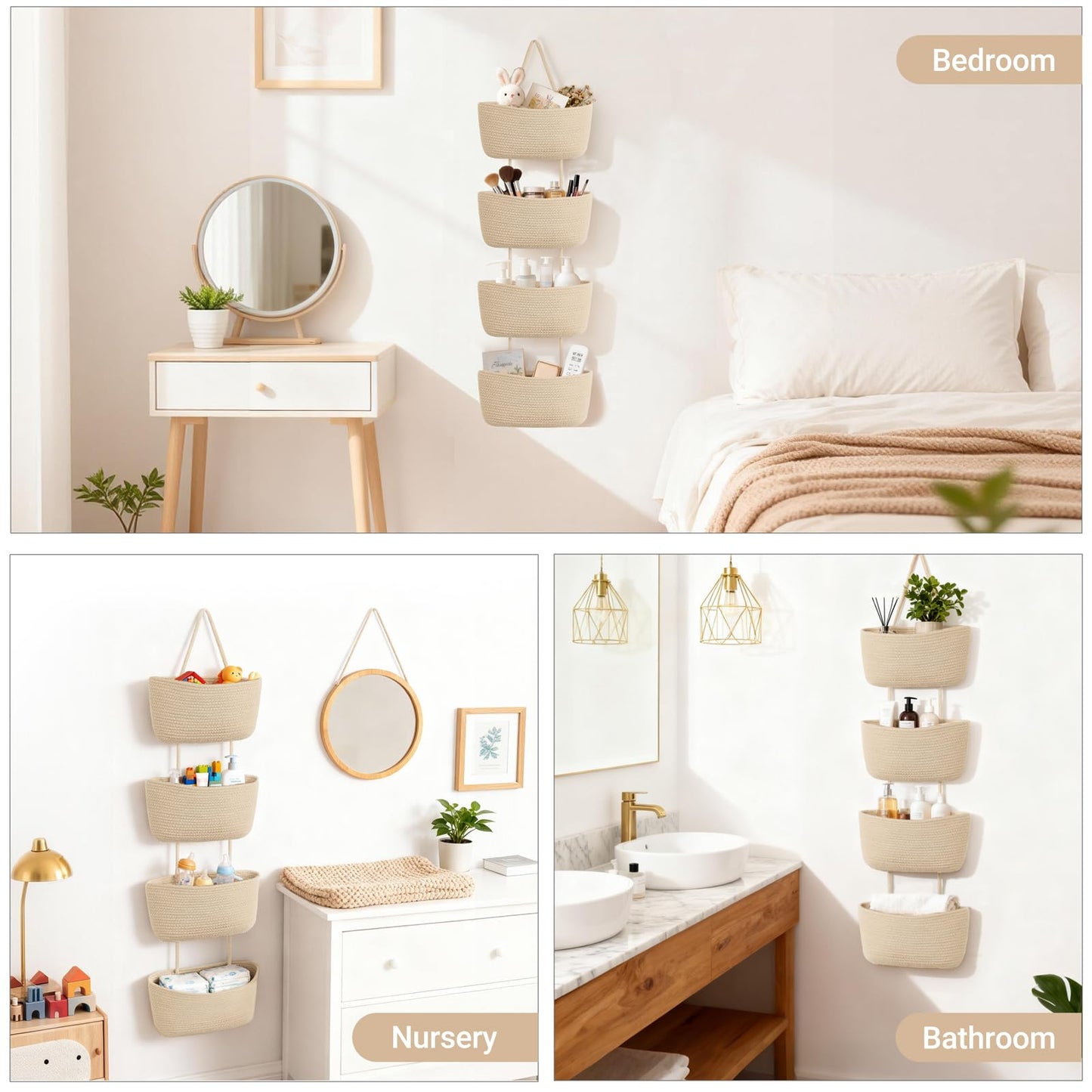 Dahey Over The Door Hanging Basket 4-Tier Woven Boho Wall Mounted Storage Organizer with Hooks for Bedroom Nursery Bathroom Apartments Dorm Pantry Decor, Jute