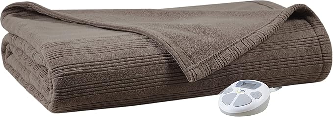 Serta Travis Fleece Ultra Soft Tri-Rib Textured Electric Blanket, Cozy and Snuggly Cover Fast Heating for Cold Weather, Auto Shut Off, Multi Heat Setting Controller, King, Stone Brown