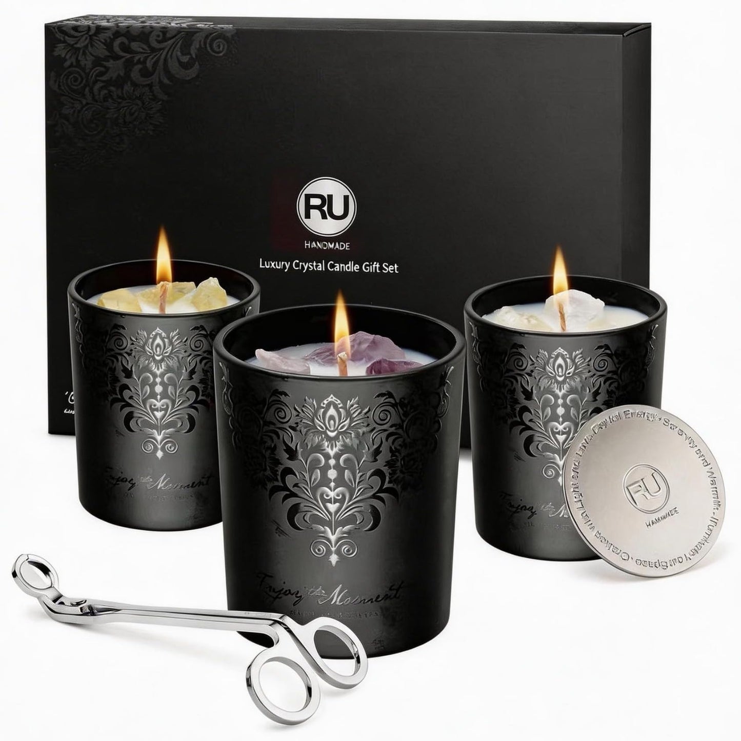 Luxury Black Crystal Candle Gift Set for Men 3 Pack 7oz Soy & Beeswax Candles with Real Natural Crystals, Zinc Alloy Lids & Wick Trimmer, 120H Burn Time, Masculine Woodsy Home Fragrance