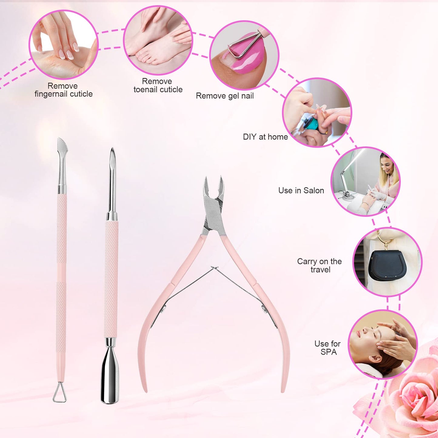 Makartt Cuticle Trimmer with Cuticle Pusher, 3 PCS Pink Nail Cuticle Nipper Bundle with Cuticle Nippers, Pink Cuticle Trimmer Extremely Sharp Full Jaw Cuticle Cutter Nail Care for Manicure Home Salon