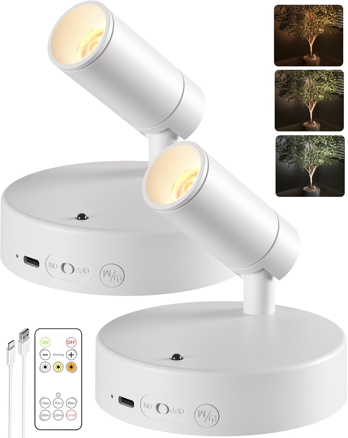 EZVALO Spot Lights Indoor,5500mAh Rechargeable Picture Lights with Remote,Wireless Mini Art Accent Spot Lights with Timer＆Dimmable, 3CCT, Uplights Indoor for Plants,Display,Artwork(2Pack-White)
