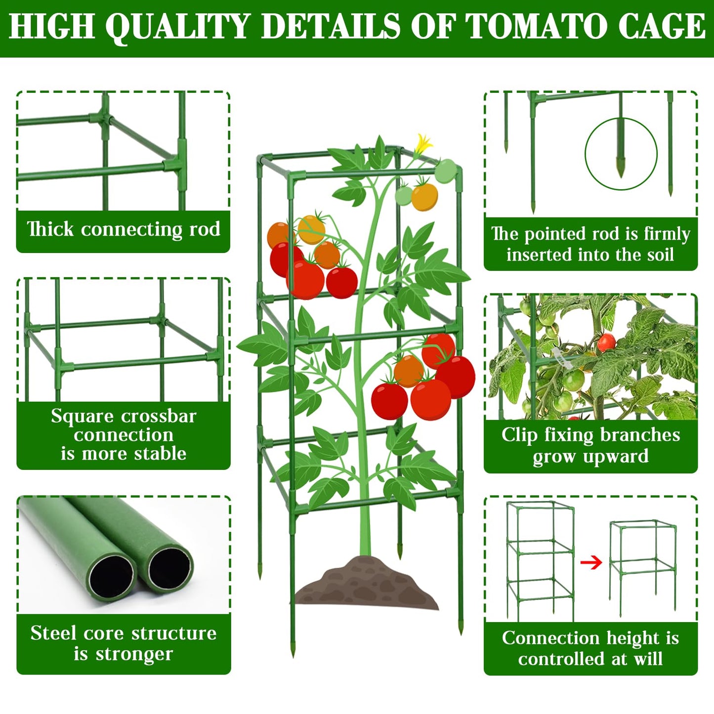 ZeeDix 6 Pack Heavy Duty Tomato Cages for Garden 60 Inches, Square Adjustable Tomato Trellis Cage Climbing Plant Support Trellis Plant Cages for Climbing Vegetables Flowers with 40Pcs Clips