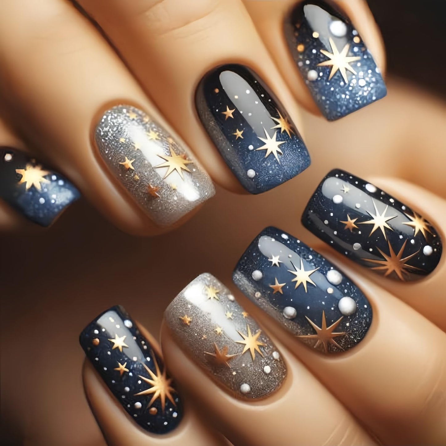 Press on Nails Medium Square Blue Starry Sky Smudge False Nails Gold Stars Pattern Design Artificial Nails Press Nails with Charm Full Cover Stick on Nails Acrylic Glossy Glue on Nails for Women