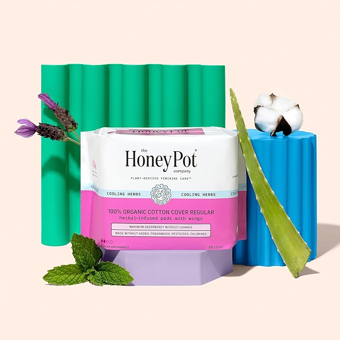 The Honey Pot Company - 80ct - Herbal Sanitary Pads for Women - Regular Flow w/Wings - Infused w/Essential Oils for Cooling Effect & Organic Cotton Cover - Feminine Care - FSA & HSA