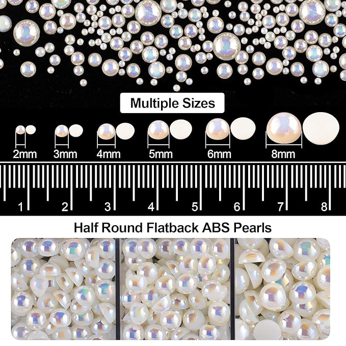 4000PCS Flatback Rhinestones and Half Round Pearls Kit #18, Multi Size Glass Clear Crystals, Plastic Flat Back Beige AB Dome Bead with Pickup Pencil and Tweezer for Nail Art