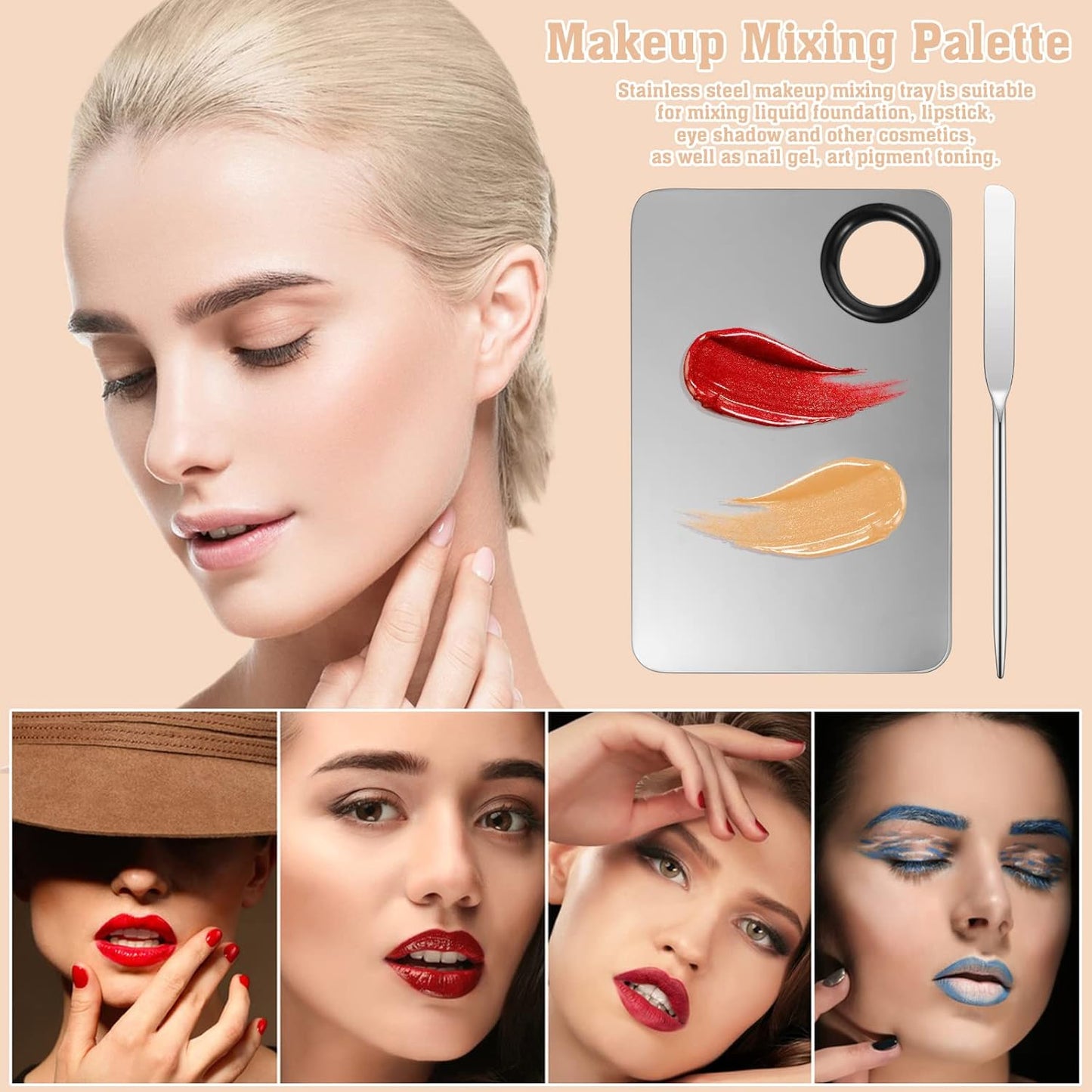 6 in 2 Set Makeup Mixing Palette with Korean Makeup Spatula, Stainless Steel Foundation Palette with Spatula for Mixing Foundation Eye Shadow Eyelash Nail Art