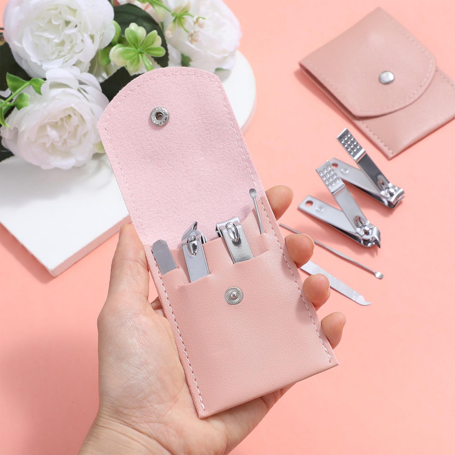 24 Sets Manicure Set Bulk, Pink Nail Clippers Kit Stainless Steel Fingernail Clippers Set, Sturdy Nail Tip Cutter Trimmers Professional Grooming Toenail Clipper Personal Pedicure Kits Gift (4 in 1)