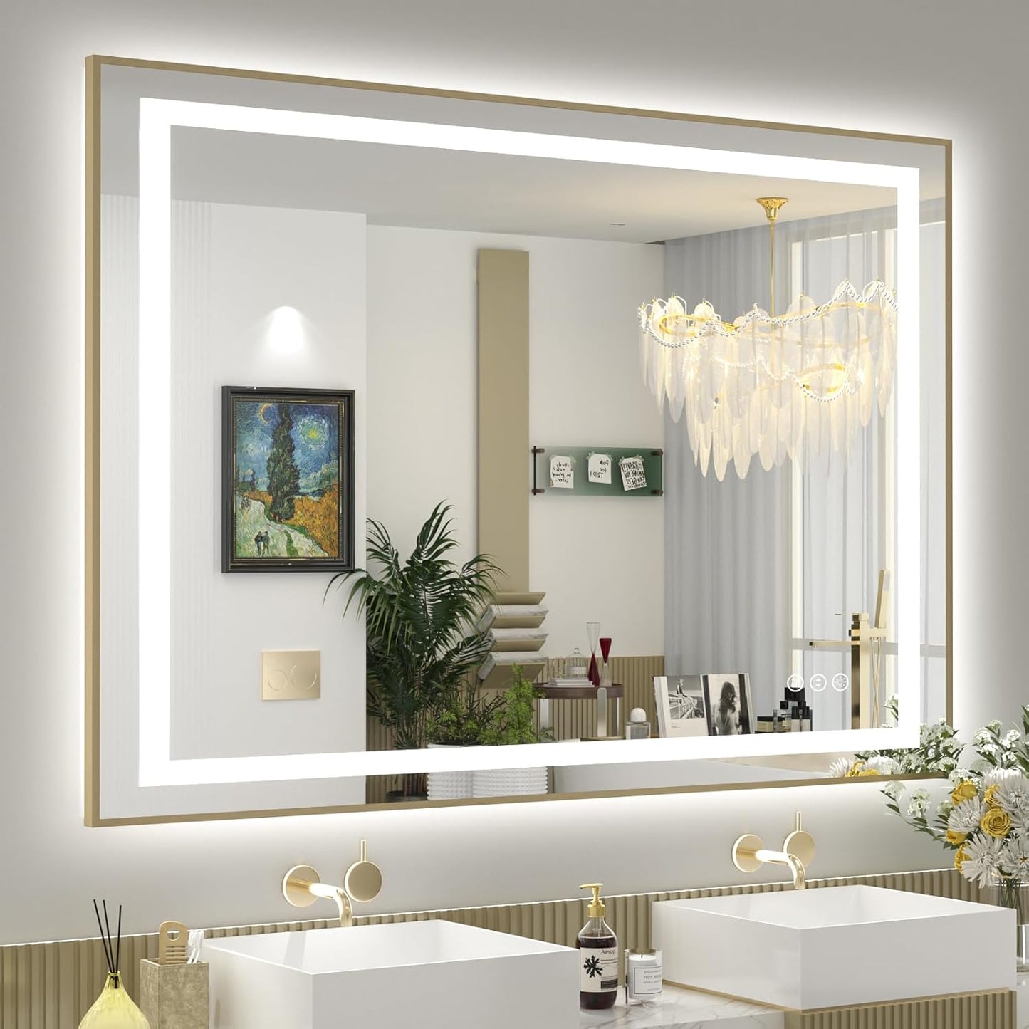 OKPAL 48x40 Gold LED Mirror for Bathroom with Frontlit & Backlit, Metal Framed Lighted Bathroom Mirror with Lights, Anti-Fog, Dimmable 3 Colors, Shatterproof, Horizontal/Vertical
